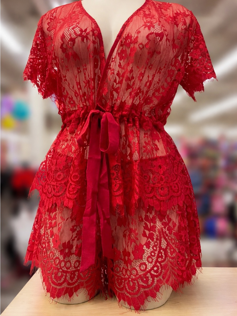 Youmita Red Lace Sheer Robe top and lace shorts